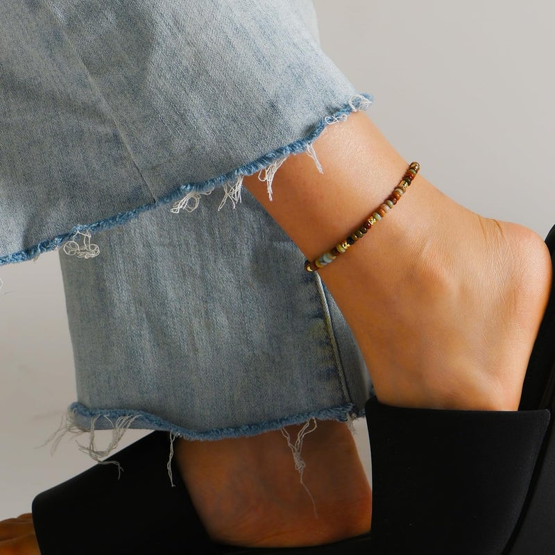 Wremily Natural Stone Beaded Anklets Bracelets for Women Handmade Beaded Anklet Bracelet Waterproof Boho Beads Ankle Bracelet Adjustable Summer Jewelry - Image 4
